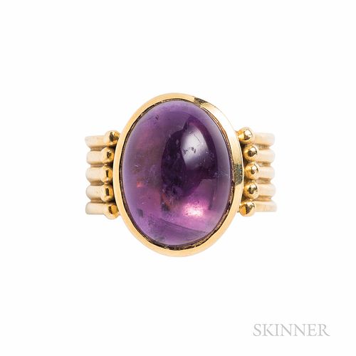 14kt Gold and Amethyst Ring, set with an oval cabochon measuring approx. 15.50 x 11.50 mm, 8.8 dwt, size 6 3/4.