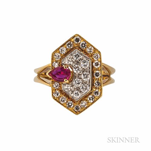 Faraone 18kt Gold, Ruby, and Diamond Ring, 3.6 dwt, size 4 3/4, signed.