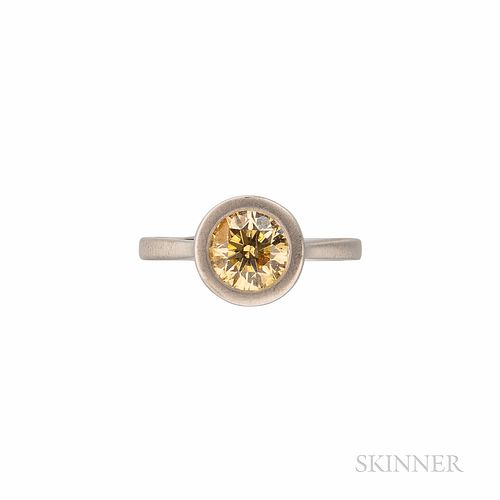 14kt Gold and Colored Diamond Ring, the round brilliant-cut diamond weighing 1.03 cts., size 4 3/4. Note: Accompanied by GIA report no.