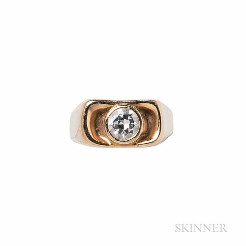 14kt Gold and Diamond Ring, bezel-set with a full-cut diamond weighing 0.82 cts., size 7 1/2.
