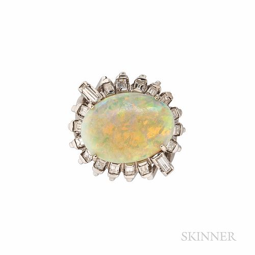14kt White Gold, Opal, and Diamond Ring, the oval cabochon measuring approx. 17.30 x 13.00 x 5.30 mm, framed by baguette-cut diamonds,