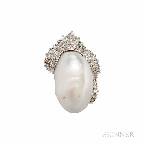 18kt White Gold, Baroque Cultured Pearl, and Diamond Pendant, the large pearl framed by full-cut diamonds, approx. total wt. 1.90 cts.,