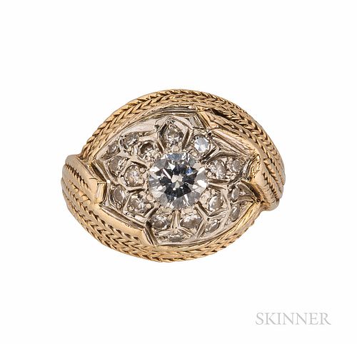 14kt Gold and Diamond Ring, set with a full-cut diamond weighing approx. 0.45 cts., framed by single-cut diamond melee, 4.6 dwt, size 8