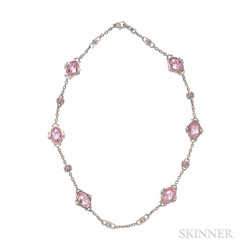 Judith Ripka 18kt White Gold and Pink Crystal Necklace, 23.9 dwt, lg. 16 3/4 in., signed.