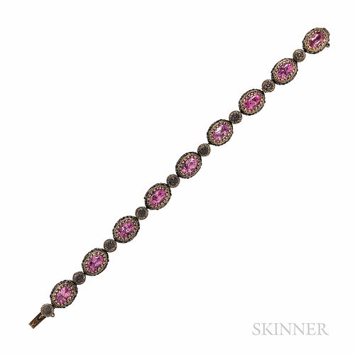 18kt Gold, Silver, and Gem-set Bracelet, set with pink stones in floral and foliate mounts, lg. 7 5/8, wd. 1/2 in.