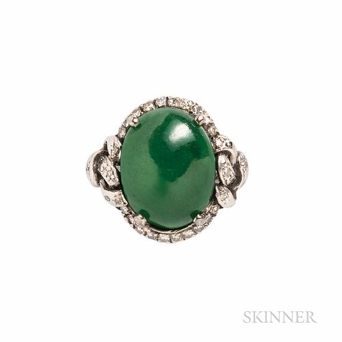 Platinum, Jadeite Jade, and Diamond Ring, China, set with an oval double cabochon measuring approx. 14.89 x 11.55 x 5.61 mm, framed by