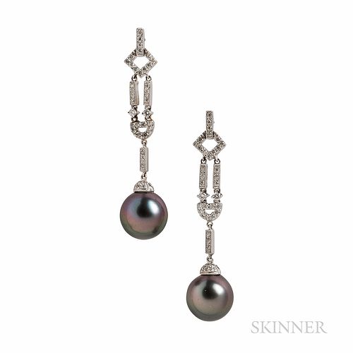 18kt White Gold, Tahitian Pearl, and Diamond Earrings, the pearls measuring approx. 11.50 to 11.90 mm, and full-cut diamonds, approx. t
