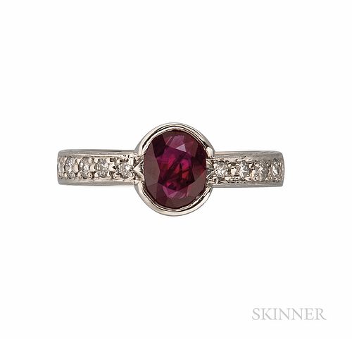Platinum, Ruby, and Diamond Ring, set with an oval-cut ruby weighing 1.32 cts., the shoulders set with full-cut diamonds, 6.0 dwt, size