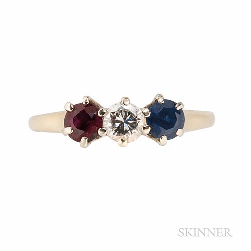 14kt Gold, Diamond, Ruby, and Sapphire Ring, the full-cut diamond weighing approx. 0.25 cts., size 6 1/4.