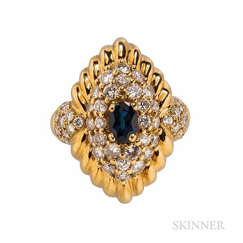 Hammerman Bros. 18kt Gold, Sapphire, and Diamond Ring, set with an oval-cut sapphire measuring approx. 5.80 x 4.20 mm, and full-cut dia