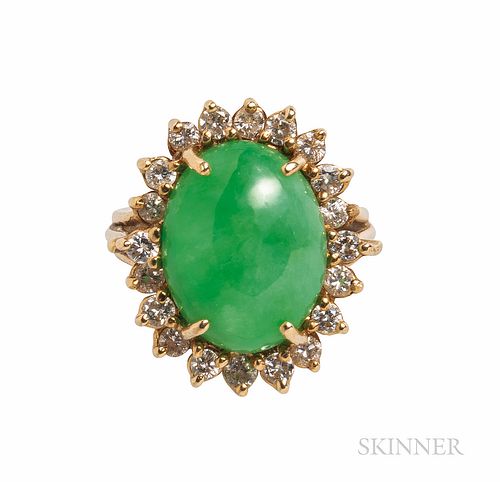 14kt Gold, Jade, and Diamond Ring, the oval cabochon measuring approx. 14.50 x 11.00 x 6.0 mm, framed by full-cut diamonds, size 5 3/4.