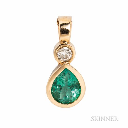 14kt Gold, Emerald, and Diamond Pendant, bezel-set with a pear-shape emerald measuring approx. 9.50 x 8.00 x 5.20 mm, 2.5 dwt, lg. 7/8