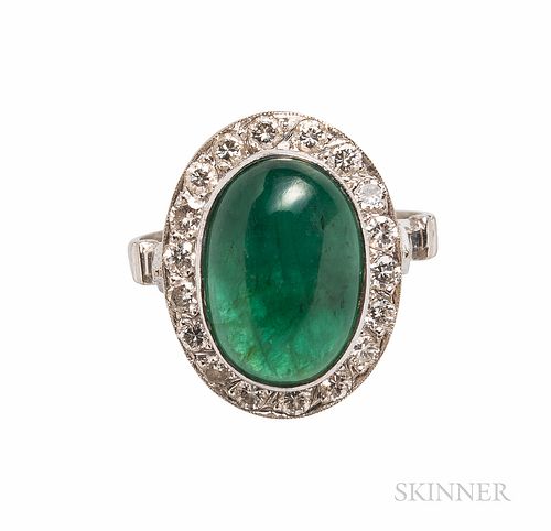 14kt White Gold, Jade, and Diamond Ring, the bezel-set cabochon measuring approx. 13.50 x 9.50 mm, framed by full-cut diamonds, size 6