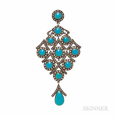 Turquoise and Diamond Pendant, set with cabochons and rose-cut diamonds, silver and gold mount, lg. 4 3/16 x 2 in.