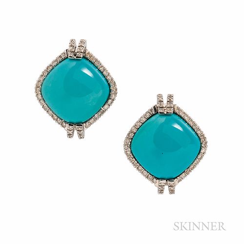 18kt White Gold, Turquoise, and Diamond Earrings, each cushion-shape turquoise framed by full-cut diamond melee, 9.6 dwt, lg. 7/8 in.