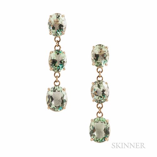 14kt Gold and Green Amethyst Earrings, 5.1 dwt, lg. 1 5/8 in.