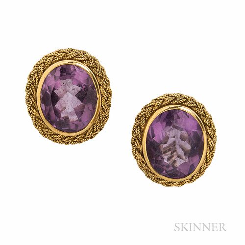 18kt Gold and Amethyst Earclips, 7.9 dwt, lg. 3/4 in.