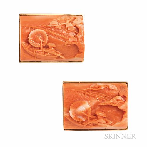 14kt Gold and Coral Cuff Links, each depicting a figure on a river, 29.3 dwt, 1 1/4 x 1 in.