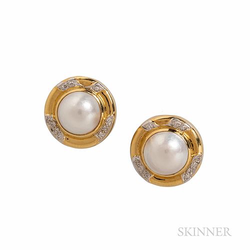 18kt Gold, Mabe Pearl, and Diamond Earclips, 10.6 dwt, dia. 3/4 in.