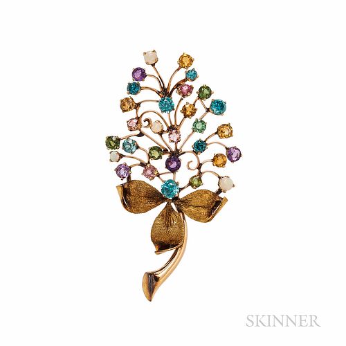 14kt Gold Gem-set Leaf Brooch, set with various colored stones including amethyst, zircon, citrine, and opal, 8.4 dwt, lg. 2 7/8 in.