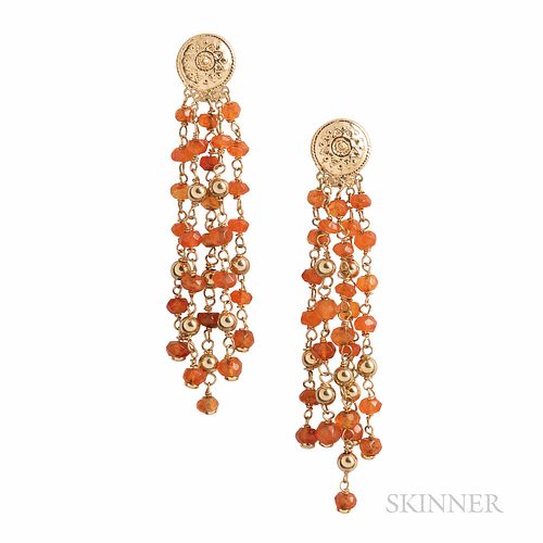 18kt Gold and Fire Opal Earrings, Italy, designed as a fringe of faceted fire opal beads, 9.9 dwt, lg. 3 in.