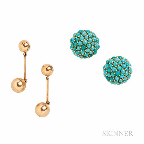 18kt Gold and Turquoise Earclips, Italy, set with cabochons, together with a pair of 14kt gold ball screw-back earrings, 12.6 dwt, lg.