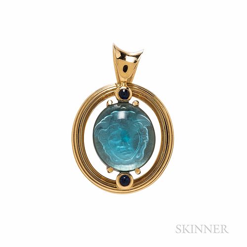 14kt Gold and Reverse Intaglio Pendant, Italy, the glass intaglio depicting Medusa, with cabochon sapphire accents, 7.8 dwt, 1 1/2 x 1