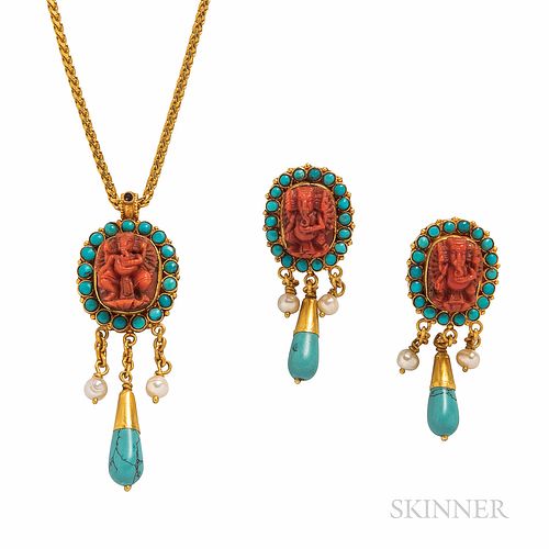 High-karat Gold and Coral Earrings and Pendant, each depicting a deity, possibly Ganesha, framed by turquoise, pearl drops, and chain,