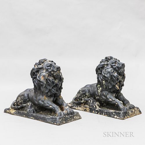 Pair of Painted Cast Iron Lion Garden Statues, ht. 22, wd. 29, dp. 14 in.