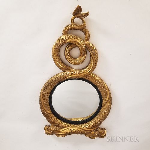 Regency-style Carved Giltwood Dolphin-form Convex Mirror, ht. 43, wd. 23 in.