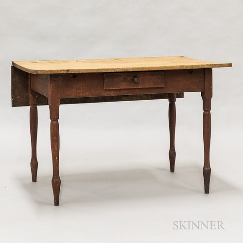 Country Red-painted Maple Single-leaf One-drawer Table, ht. 27 1/2, wd. 42 1/2, dp. 26 1/2 in.