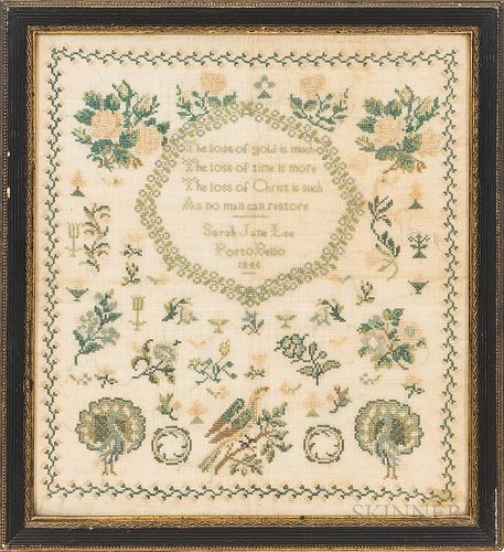 Framed "Sarah Jane Lee" Needlework Sampler, 1845, ht. 16, wd. 14 1/2 in.