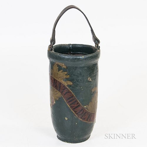 "L. Batchelder" Painted Leather Fire Bucket, ht. with handle 20 in.