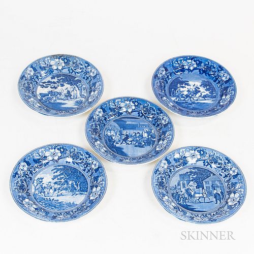 Set of Five Staffordshire Blue and White Transfer-decorated Doctor Syntax Plates, dia. 10 1/2 in.