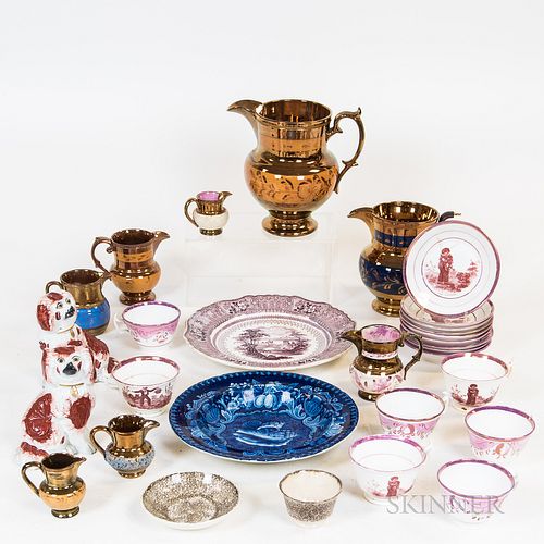 Twenty-nine Pieces of English Ceramic Tableware, including pink and copper lustre cups, saucers, and jugs, a pair of Staffordshire span