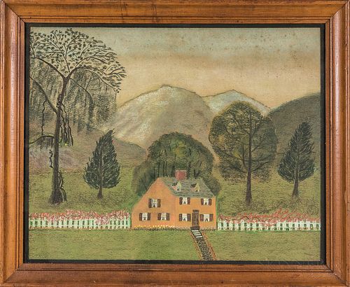 Framed Primitive Pastel on Paper Portrait of a House, late 19th century, ht. 21 1/4, wd. 25 3/4 in.