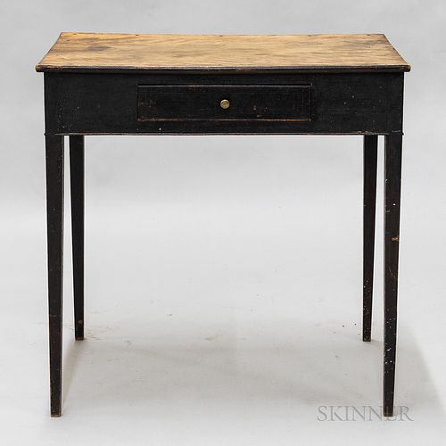 Country Black-painted Birch One-drawer Taper-leg Worktable, ht. 29 1/2, wd. 30, dp. 18 1/2 in.