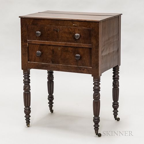 Classical Carved Mahogany Two-drawer Worktable, ht. 30, wd. 22 1/2, dp. 16 1/2 in.