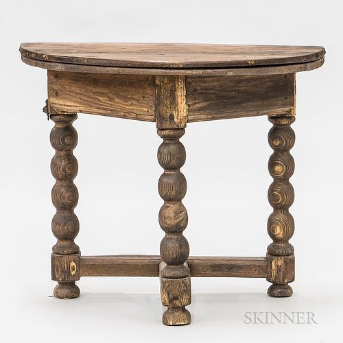 Jacobean-style Oak and Pine Demilune Console Table, ht. 28, wd. 33 1/4, dp. 17 in.