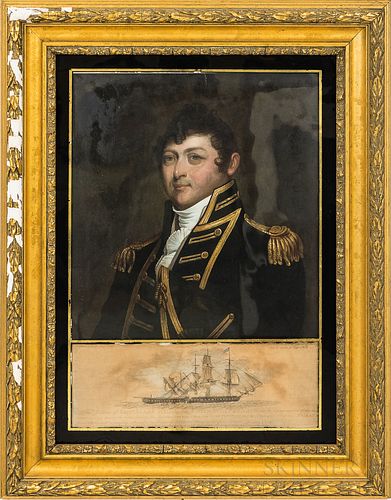 Framed Oil on Board Portrait of Isaac Hull After Gilbert Stuart, with eglomise border and engraved vignette, ht. 28, wd. 22 in.