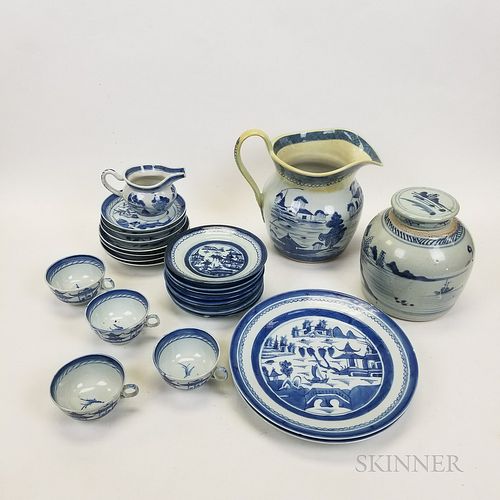 Twenty-seven Pieces of Canton Porcelain Tableware, including a pitcher, covered ginger jar, and creamer.