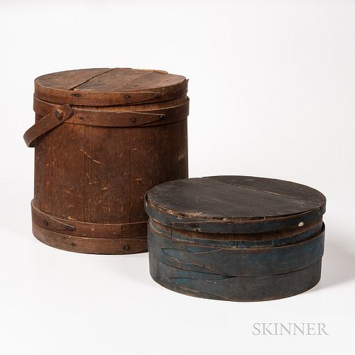 Firkin and a Blue-painted Covered Circular Box, (imperfections, damage), ht. to 14 1/2 in.