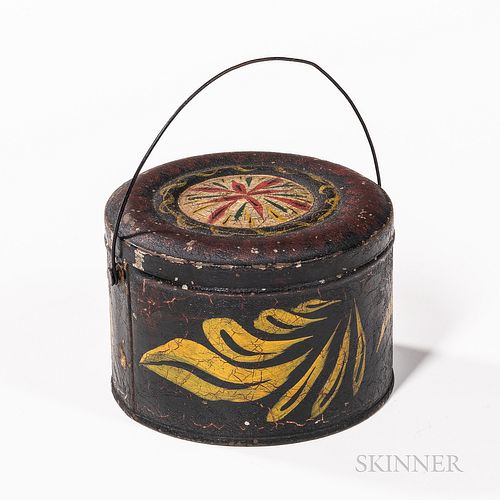 Small Polychrome-decorated Tinware Cannister, with covered lid and wire handle, (imperfections), ht. 3, wd. 4 1/4 in.