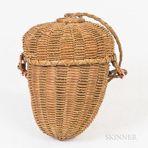 Woven Acorn Basket Bag, woven body and removeable top and a circular handle, (discoloration to under the lid, lg. 14 in.