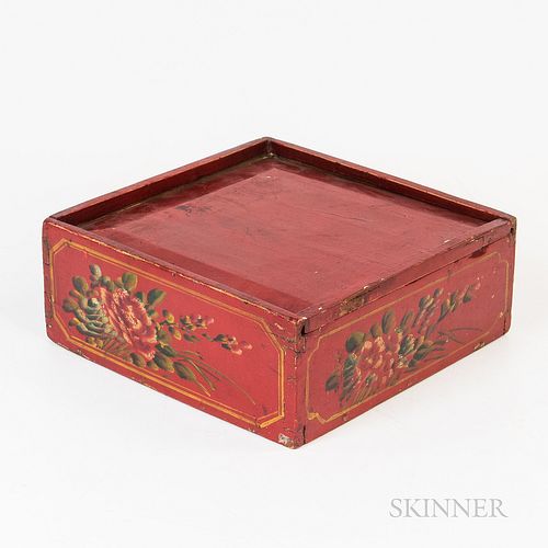 Red-painted Wood Slide-lid Box, the sides decorated with flowers, the interior painted black, (wear, imperfections), ht. 4 3/4, wd. 12
