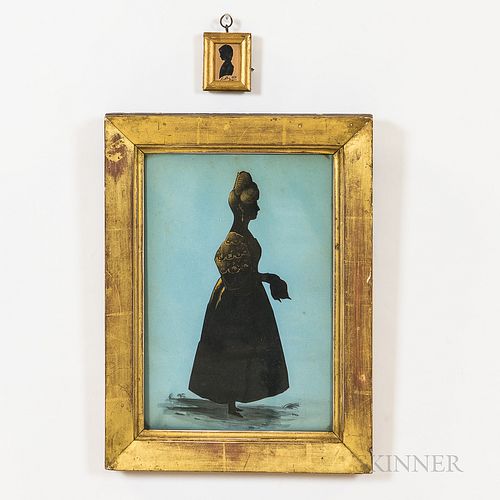 Two Silhouettes, America, mid-19th century, a full-length view of a woman with gold highlights, inscribed "Miss Charlotte Bird" on the