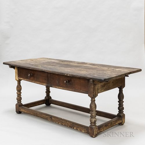 Early Turned Walnut and Oak Stretcher-base Two-drawer Tavern Table, Pennsylvania, early 18th century, (imperfections), ht. 28 1/2, wd.