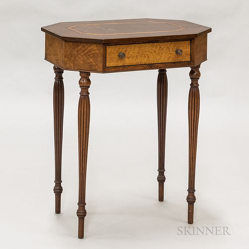 Federal-style Inlaid Mahogany Octagonal One-drawer Sewing Stand, ht. 27 1/2, wd. 22, dp. 17 in.