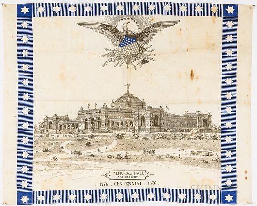 Three Lithographed Items, a "Newport, N.H./1895" view, a centennial handkerchief of Memorial Hall, and a portrait of a hunting dog, "He