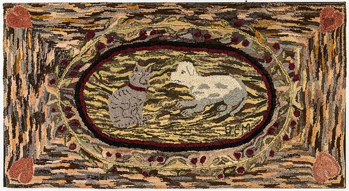 Large Cat and Dog Hooked Rug, America, early 20th century, the cat and dog on a mottled background framed in an oval, hearts in the cor